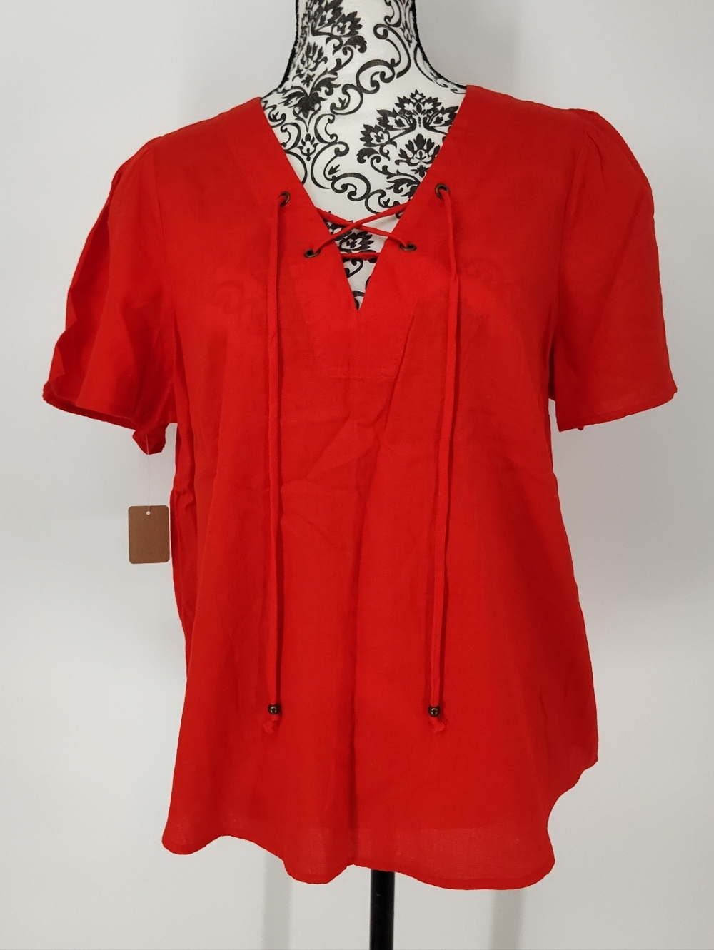 Knox Rose New With Tags Orange Lace-Up V-Neck Top Women's Medium